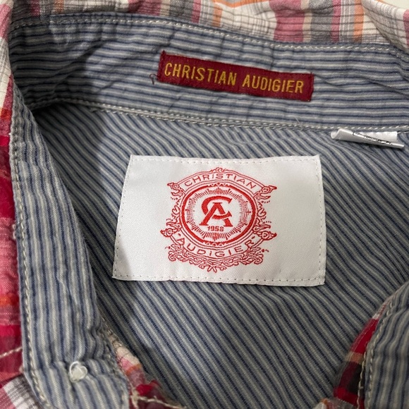 Christian Audigier Shirt Mens XL Red White Plaid Button Up Designer Pockets - Picture 4 of 5